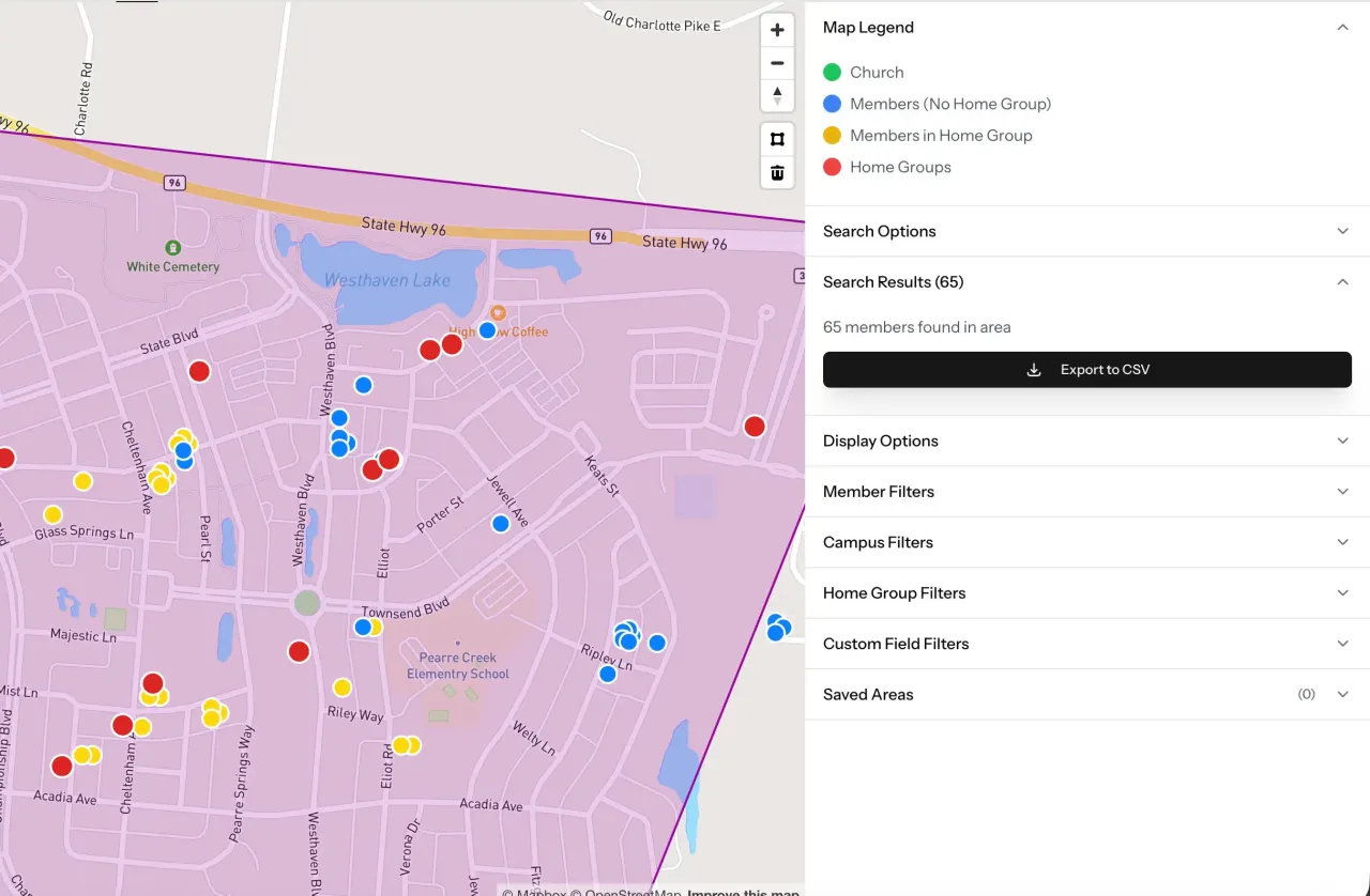 FlockFinder map showing home group organization with polygon tool and member status filters