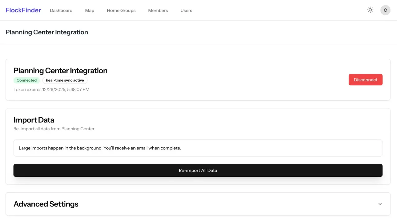 Planning Center integration showing automatic member data synchronization