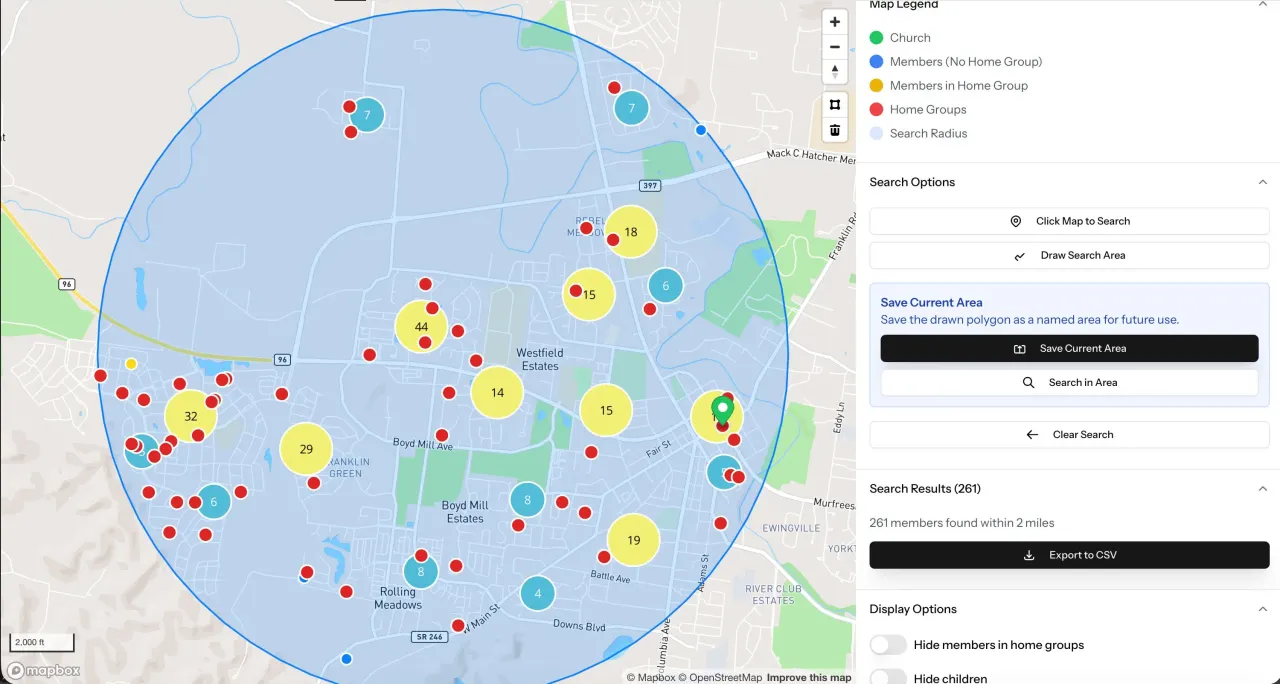 FlockFinder radius search showing members within 5 miles with export functionality