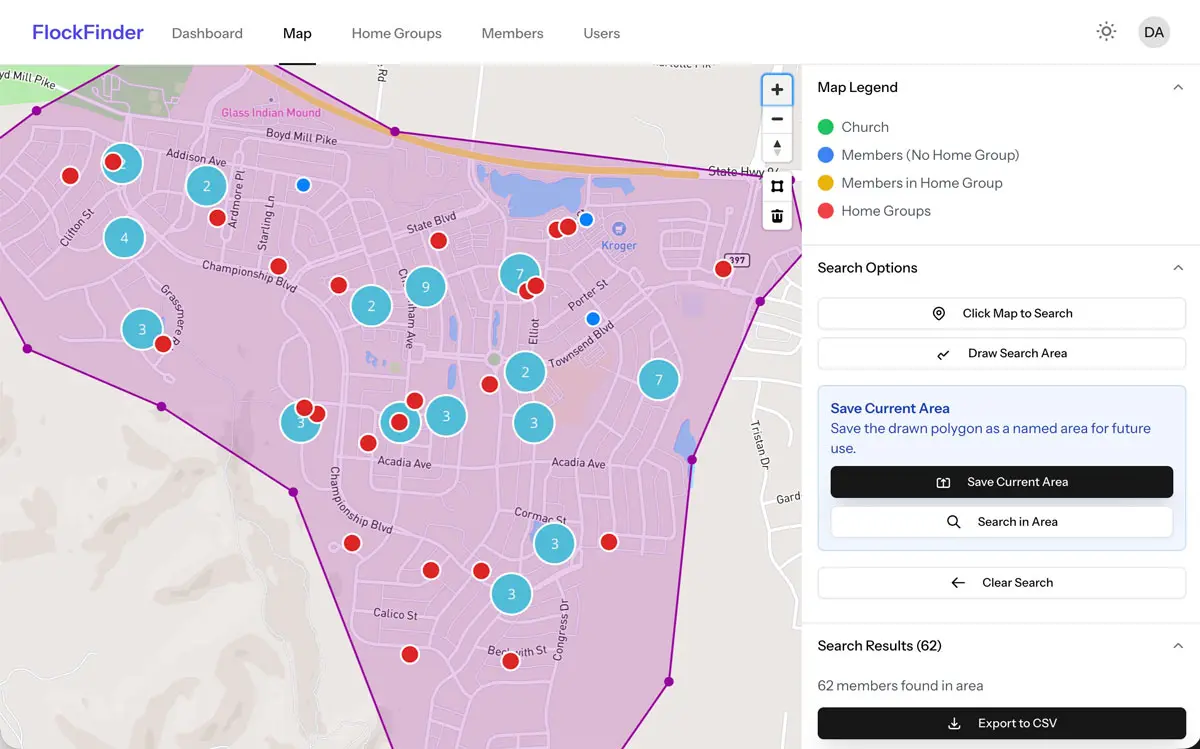 FlockFinder church mapping software showing member locations with polygon search tool and filtered results by home group status